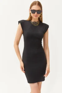 Olalook Women's Black Crew Neck Padded Mini Dress