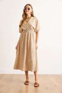 Olalook Women's Camel Waist Glitter Double Breasted Collar Midi Dress - Image 2
