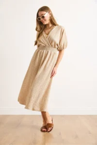 Olalook Women's Camel Waist Glitter Double Breasted Collar Midi Dress - Image 3
