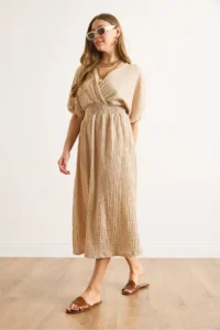 Olalook Women's Camel Waist Glitter Double Breasted Collar Midi Dress - Image 4
