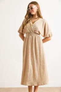 Olalook Women's Camel Waist Glitter Double Breasted Collar Midi Dress - Image 5