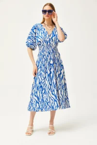 Olalook Women's Saks Blue Waisted Double Breasted Collar Midi Dress - Image 2