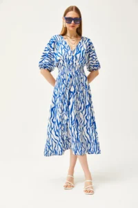 Olalook Women's Saks Blue Waisted Double Breasted Collar Midi Dress - Image 3
