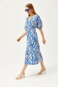 Olalook Women's Saks Blue Waisted Double Breasted Collar Midi Dress - Image 4