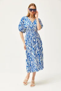 Olalook Women's Saks Blue Waisted Double Breasted Collar Midi Dress - Image 5