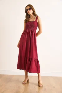 Olalook Women's Claret Red Strap Gimped Midi Woven Viscose Dress - Image 2