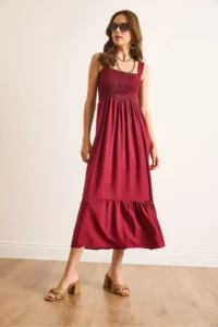 Olalook Women's Claret Red Strap Gimped Midi Woven Viscose Dress - Image 3
