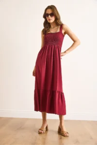 Olalook Women's Claret Red Strap Gimped Midi Woven Viscose Dress - Image 4