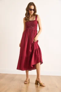 Olalook Women's Claret Red Strap Gimped Midi Woven Viscose Dress - Image 5