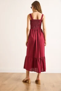 Olalook Women's Claret Red Strap Gimped Midi Woven Viscose Dress - Image 6