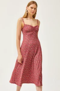 Olalook Women's Dusty Rose Strap Gathered Front Knitted Dress