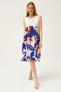 Olalook Women's Ecru Saks Blue Top Crystal Bottom Patterned Knitted Dress - Image 3