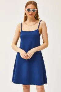 Olalook Women's Navy Blue Thin Strap Soft Textured Crystal Flared Dress