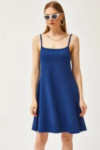 Olalook Women's Navy Blue Thin Strap Soft Textured Crystal Flared Dress - Image 2