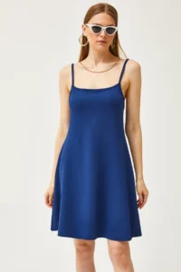 Olalook Women's Navy Blue Thin Strap Soft Textured Crystal Flared Dress - Image 3