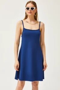 Olalook Women's Navy Blue Thin Strap Soft Textured Crystal Flared Dress - Image 4