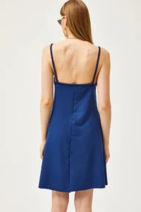 Olalook Women's Navy Blue Thin Strap Soft Textured Crystal Flared Dress - Image 5