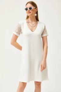 Olalook Women's Ecru V-Neck Lace Detailed Soft Textured Mini Dress - Image 2