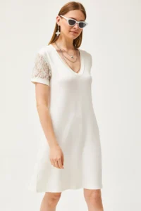 Olalook Women's Ecru V-Neck Lace Detailed Soft Textured Mini Dress - Image 3