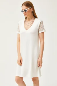 Olalook Women's Ecru V-Neck Lace Detailed Soft Textured Mini Dress - Image 4