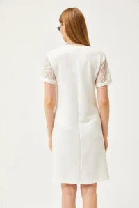 Olalook Women's Ecru V-Neck Lace Detailed Soft Textured Mini Dress - Image 5