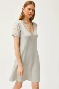 Olalook Women's Gray V-Neck Lace Detailed Soft Textured Mini Dress