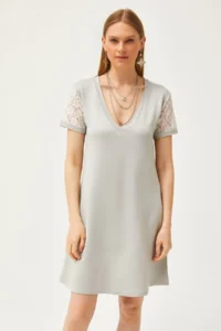 Olalook Women's Gray V-Neck Lace Detailed Soft Textured Mini Dress - Image 2