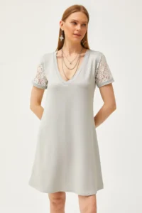Olalook Women's Gray V-Neck Lace Detailed Soft Textured Mini Dress - Image 3