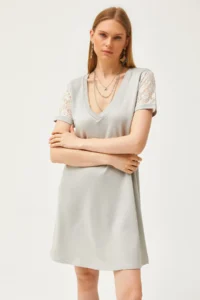 Olalook Women's Gray V-Neck Lace Detailed Soft Textured Mini Dress - Image 4