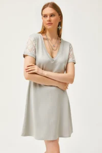 Olalook Women's Gray V-Neck Lace Detailed Soft Textured Mini Dress - Image 5