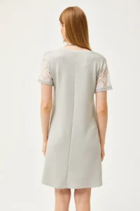 Olalook Women's Gray V-Neck Lace Detailed Soft Textured Mini Dress - Image 6