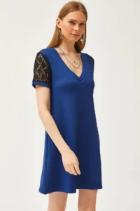 Olalook Women's Navy Blue V-Neck Lace Detailed Soft Textured Mini Dress