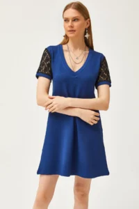 Olalook Women's Navy Blue V-Neck Lace Detailed Soft Textured Mini Dress - Image 2