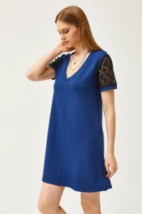 Olalook Women's Navy Blue V-Neck Lace Detailed Soft Textured Mini Dress - Image 3