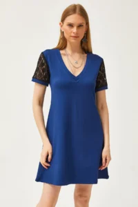 Olalook Women's Navy Blue V-Neck Lace Detailed Soft Textured Mini Dress - Image 4