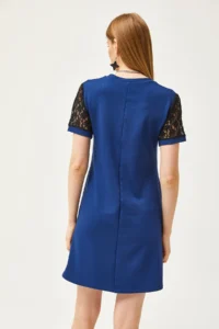 Olalook Women's Navy Blue V-Neck Lace Detailed Soft Textured Mini Dress - Image 5
