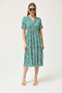 Olalook Women's Daisy Green Elastic Waist Double Breasted Collar Patterned Dress - Image 2