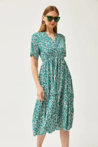Olalook Women's Daisy Green Elastic Waist Double Breasted Collar Patterned Dress - Image 3