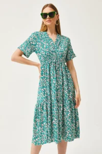 Olalook Women's Daisy Green Elastic Waist Double Breasted Collar Patterned Dress - Image 4