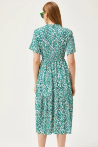 Olalook Women's Daisy Green Elastic Waist Double Breasted Collar Patterned Dress - Image 5