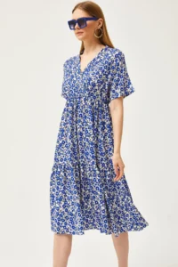 Olalook Women's Daisy Saks Blue Elastic Waist Double Breasted Collar Patterned Dress - Image 2