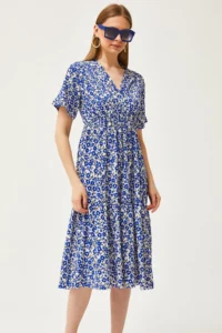 Olalook Women's Daisy Saks Blue Elastic Waist Double Breasted Collar Patterned Dress - Image 3