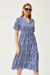 Olalook Women's Daisy Saks Blue Elastic Waist Double Breasted Collar Patterned Dress - Image 4