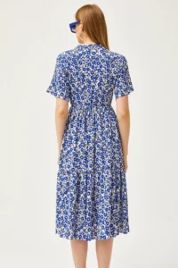 Olalook Women's Daisy Saks Blue Elastic Waist Double Breasted Collar Patterned Dress - Image 5