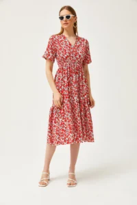 Olalook Women's Daisy Orange Elastic Waist Double Breasted Collar Patterned Dress - Image 2