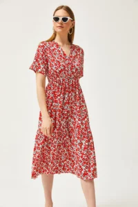 Olalook Women's Daisy Orange Elastic Waist Double Breasted Collar Patterned Dress - Image 3