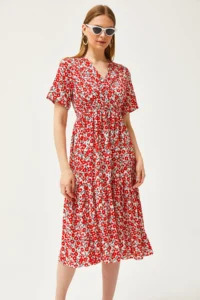 Olalook Women's Daisy Orange Elastic Waist Double Breasted Collar Patterned Dress - Image 4