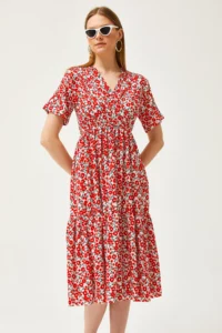 Olalook Women's Daisy Orange Elastic Waist Double Breasted Collar Patterned Dress - Image 5