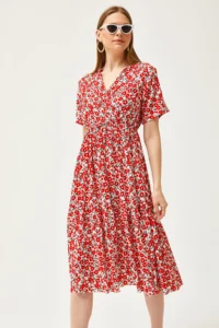 Olalook Women's Daisy Orange Elastic Waist Double Breasted Collar Patterned Dress - Image 6
