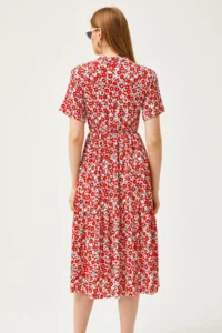 Olalook Women's Daisy Orange Elastic Waist Double Breasted Collar Patterned Dress - Image 7